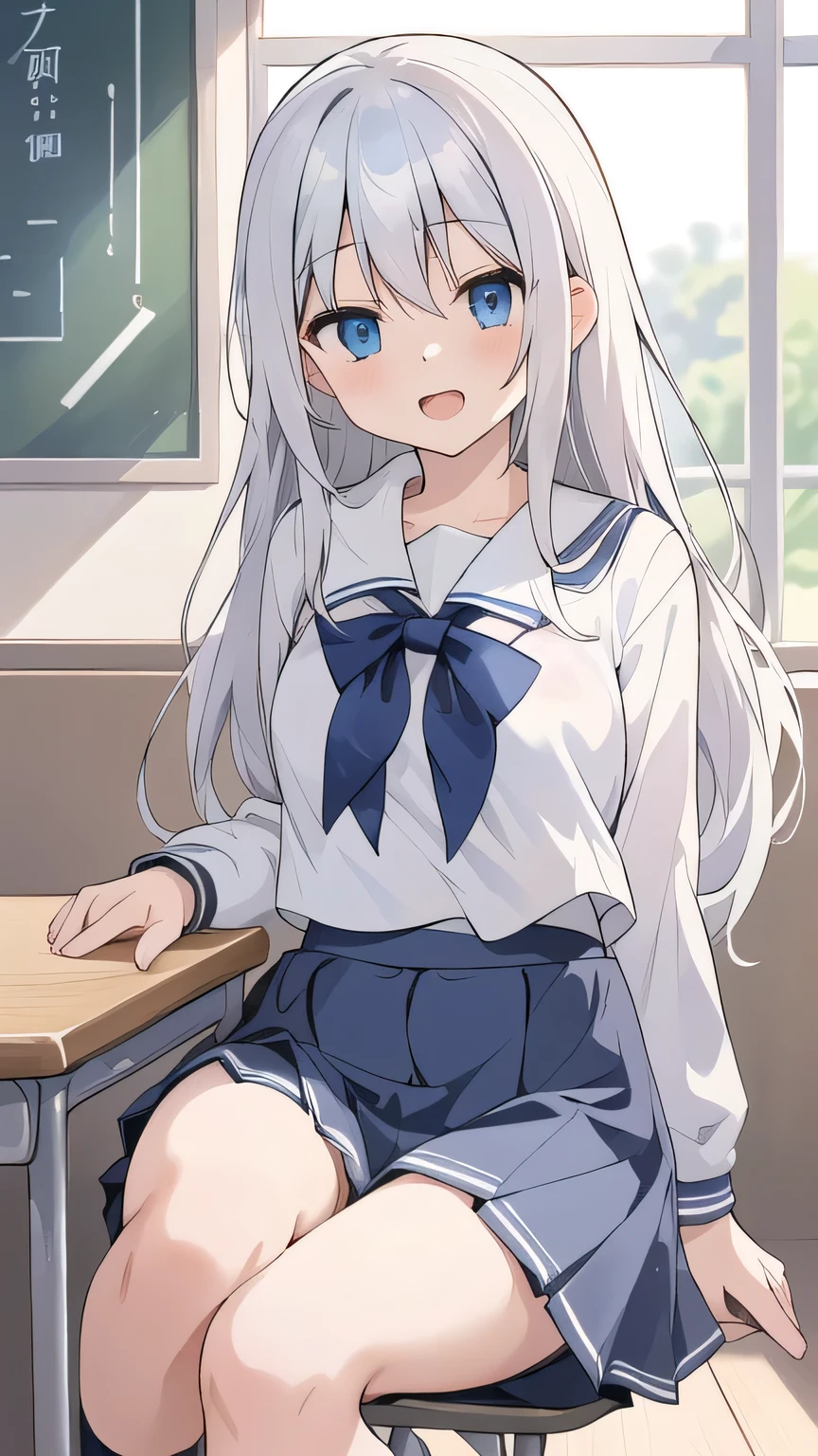 cute girl, アニメ, silver hair, straight hair, Blue eyes, (young:0.9), (small bust:0.5), (cute:1.3), (middle bust:0.8), (cute girl:1.2), cowboy shot, cute, side shot, (Smail:1.3), open mouth, backwards, (sit down:1.5), (white school uniform:1.6), (dark blue skirt:1.5), (ローアングル:1.3), close eyes, (cross legs:1.4), (seduce:1.4)