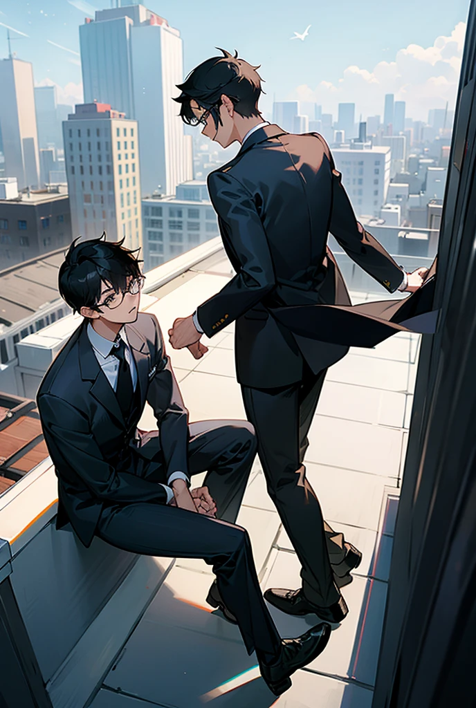 2male、​masterpiece、top-quality、超A high resolution、evening、A city scape、depth of fields、short black messy hair、Two men, foot fetish, foot worship, foot licking, 1dominant 1submessive, 