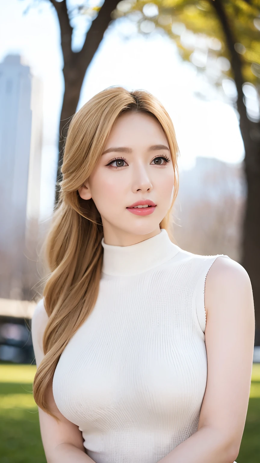 Create an elegant, high-quality portrait of a stunning fashion model with golden blonde hair and crystal-clear eyes. She has pale skin and wears a white sleeveless high-neck knitted dress. She stands gracefully under a tree in Central Park, with New York’s downtown in the background. The scene features a modern hairstyle, a soft, confident smile, and light snow falling gently, creating a serene, cold atmosphere. The style should evoke a modern art aesthetic with high detail, capturing the charm and allure of classic art in a refined, contemporary setting.