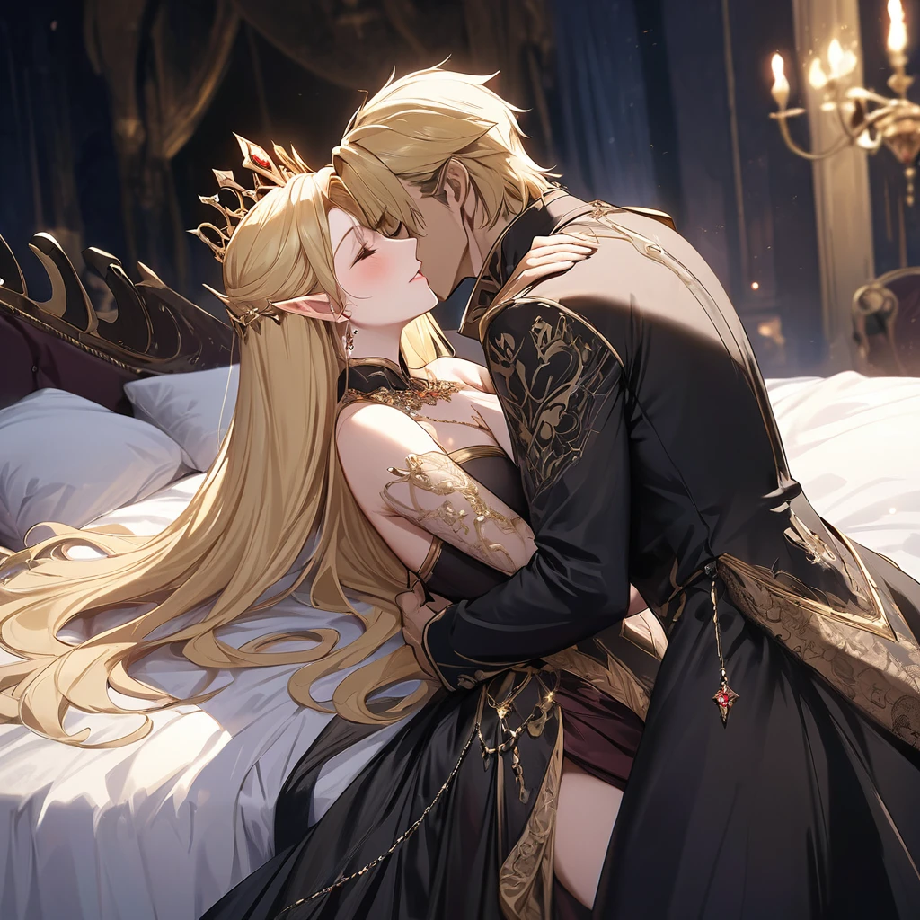 ((Best Quality)), ((masterpiece)), (detailed), （Perfect Face）、The woman was Seras Ashlain, a blonde high elf queen wearing a royal black dress with gorgeous gold embroidery and trim, adorned with luxurious jewelry and an engagement ring, and smiling gently.、On a large, luxurious bed, a woman and a demon man are embracing, kissing and making love. The dignified demon king and his elegant, noble queen who loves and follows him with all her heart.、The devil man is a king and he embraces and loves the woman