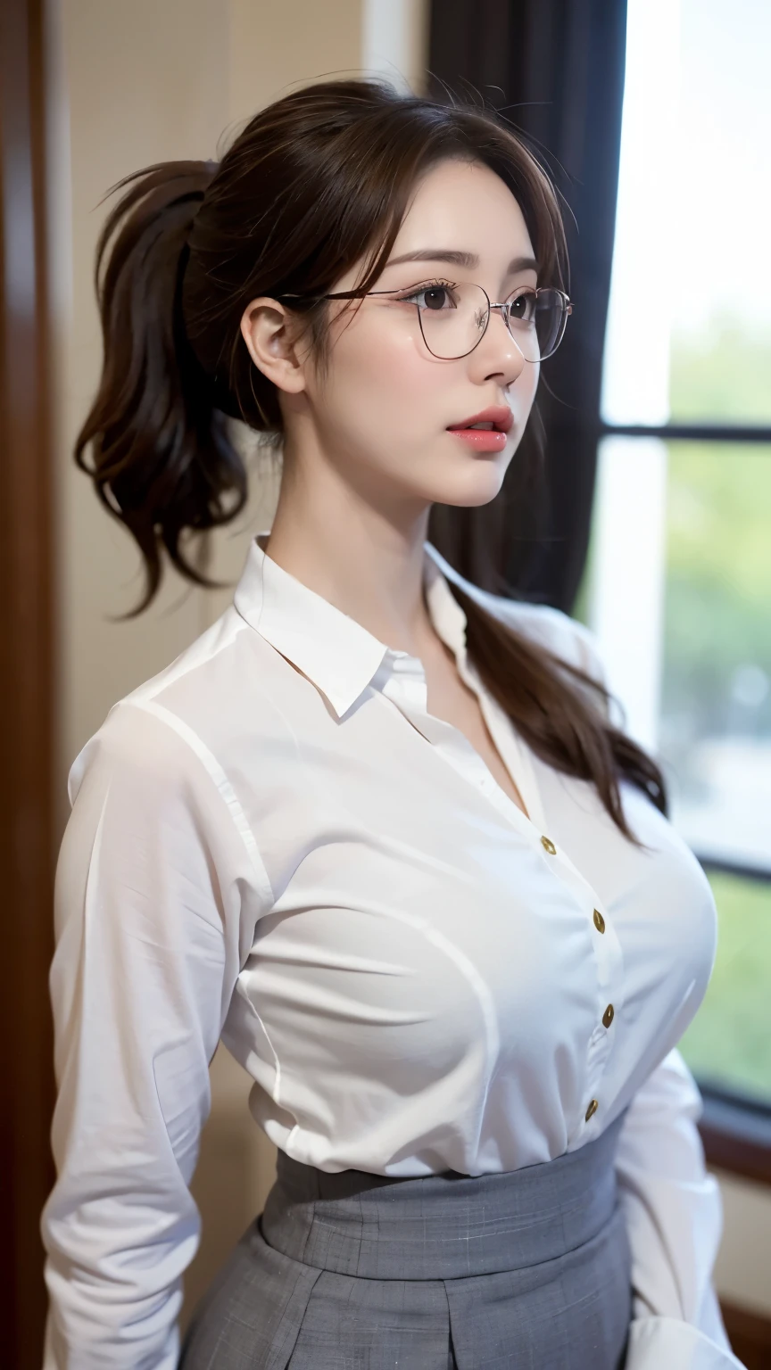 Beautiful lawyer、(Solo, 40 years old、hyperdetailed face、Detailed lips、A detailed eye、二重まぶた、Brunette Bob Hair, Black Blazer、White dress shirts、Tight micro mini skirt)、Read at her desk、at the library、(Glamorous body)、(Colossal tits)、cleavage of the breast、perfect hand, Perfect fingers, perfect chest, Perfect fit, perfect bodies, face perfect, Perfect image realism, 细致背景, detailed costume, maikurobikini、Shirt unbuttoned、Lewd librarian、Hyper-Realism、Photorealsitic、unrealengine、8K maximum resolution, (​masterpiece), ighly detailed, Professional