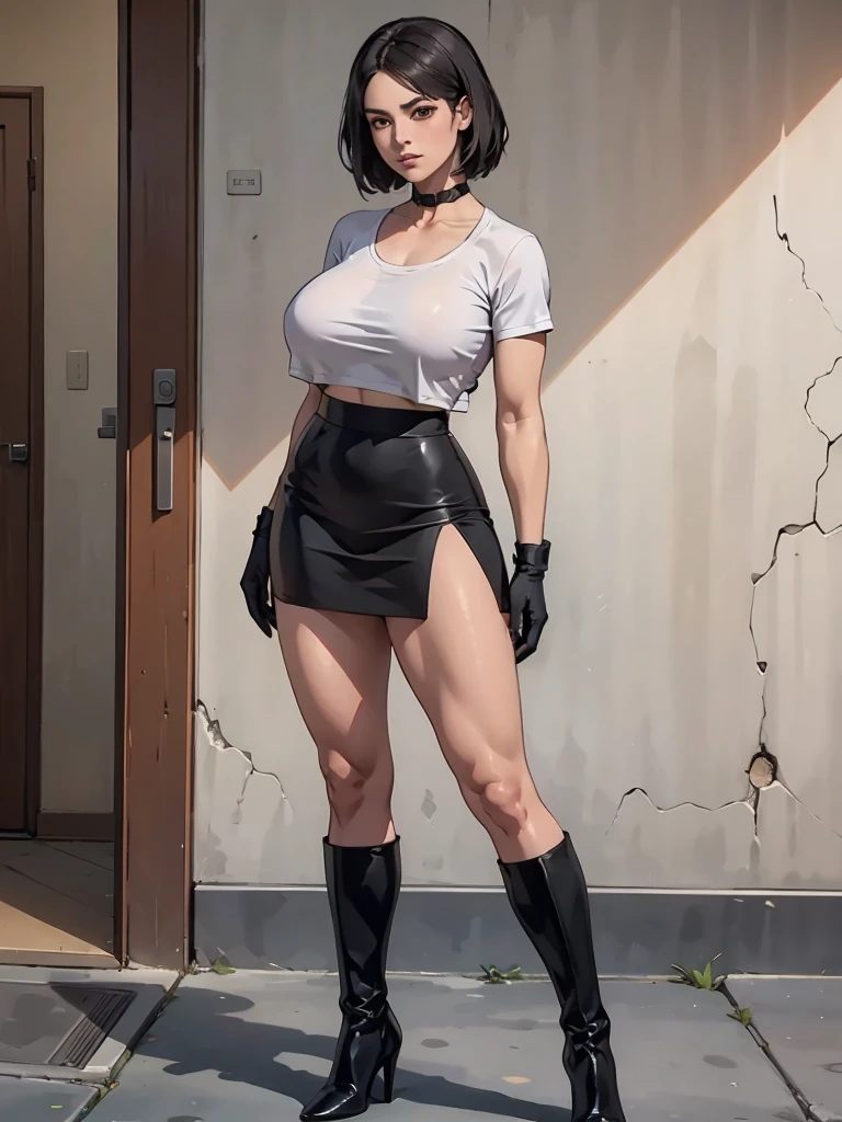 Full body, realistic, (1 beautiful woman, solo: 1.1), big breasts, black hair, black crop top, black skirt, black gloves, black high heel boots