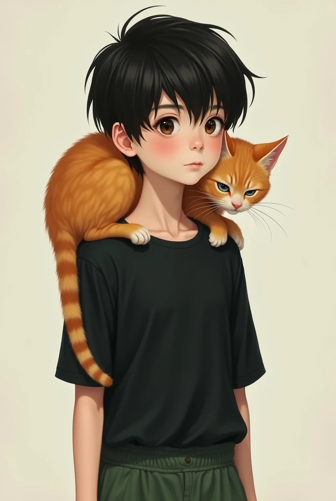 Generate an anime style boy from behind with a dragon on his backprint shirt and a cataner 