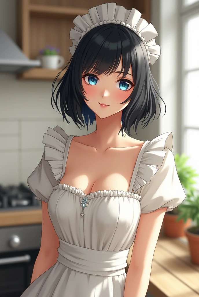 (dynamic angle:1.3, front view:1.1, breast focus:1.3, from below:1.2), (dynamic posing:1.5, sexy posing:1.3, leaning forward), (seductive smiling:1.3),masterpiece, 1girl, (pointed chest:1.3), cleavage:1.1,(double breasted:1.2,under bust:1.2), Amazing Cleavage:1.3, thin waist, big ass, Raised sexy, (small breast: 1.3),posed cleavage:1.2、solo, looking at viewer, open mouth, have a grass of beergrass,black hair, blue eyes, bare shoulders, jewelry, collarbone, sidelocks, hairband, earrings, indoors, (red off shoulder,long sweater dress:1.4), arms behind back, short hair with long locks, blue white hairband, big side hair, very long side hair is rendered in (masterpiece: 1.2, best quality), with (ultra high resolution) and an exquisite (depth of field). This masterpiece is not only visually stunning but also tells,A scene of cooking in the kitchen