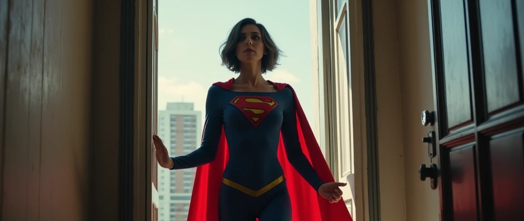 photo of supergirl, short hair, bodysuit, cape, outdoors sunny day, background sky, analog style (look at viewer:1.2) (skin texture), Fujifilm XT3, DSLR, 50mm 