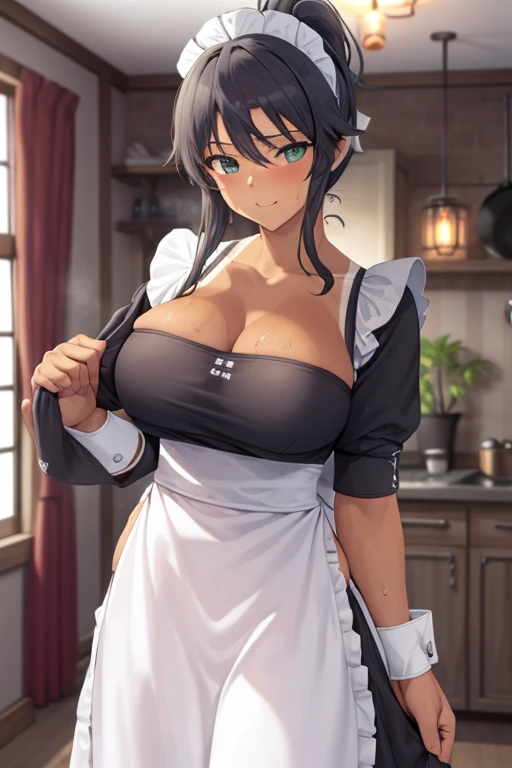 highest quality,masterpiece,8k,1girl,((big breasts:1.3)),orgasm,blush, sweat,mini skirt,lift skirt,upskirt,white panties,Mizuki Yukikaze,hair ribbon, ((maid)), black thighhighs,bedroom,one-piece tan