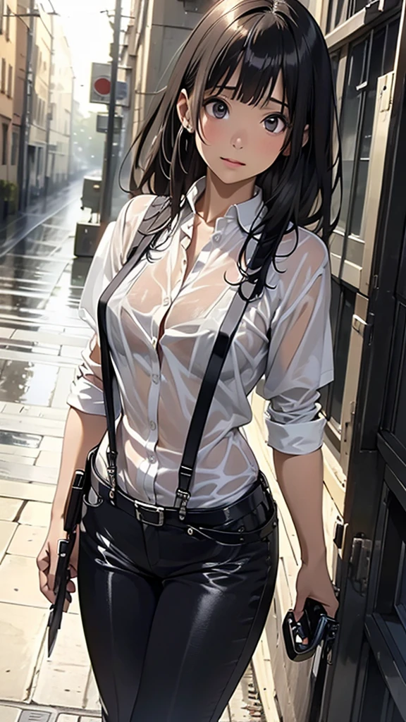 a woman in a suit, belt, hands behind back, sweating, suspenders, black pants, sexly, large breasts, see-through clothing, rain, detective, office worker, white button-up shirt, (best quality,4K,8k,highres,masterpiece:1.2),ultra-detailed,(realistic,photorealistic,photo-realistic:1.37),hyper-detailed,highly detailed face and body, Slender　thin　suspenders　Moderate breasts　See-through shirt　Nipples　holster　chain　Pistol　Armament　criminal　Female criminal　knife 　
