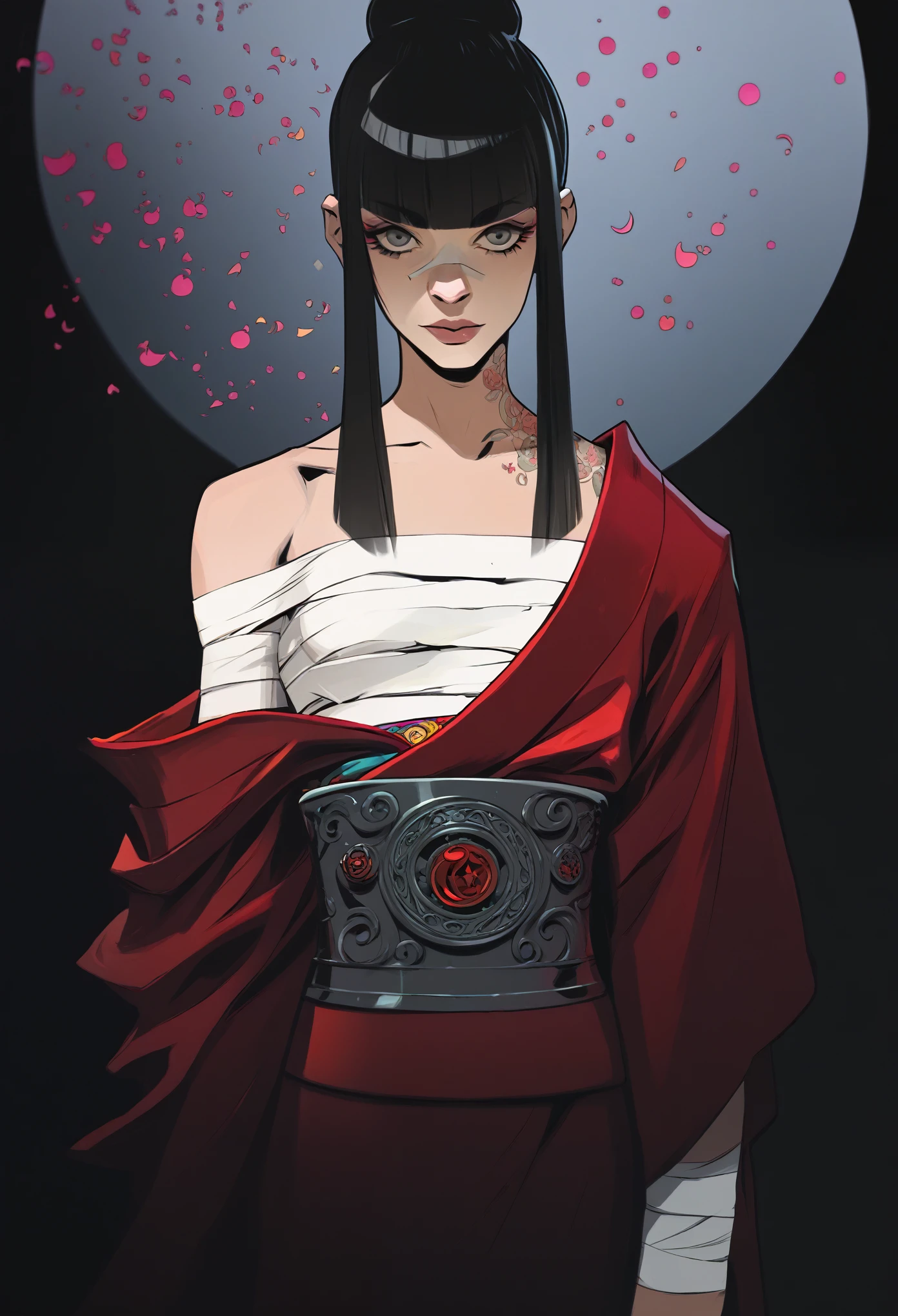 score_9, score_8_up, score_7_up, score_6_up, score_5_up, score_4_up, score Cel-shaded art, hds style, 1girl, Asian, kimono, off the shoulder, bandaged chest, tattoos on arm, blunt bangs, straight black hair, grey eyes, bokeh, high resolution, high quality, super detailed, sharp focus, ultra realistic, perfect lighting, perfect colors, perfect perspective, balanced composition, award-winning photographer, photo-realistic, ultra realistic
