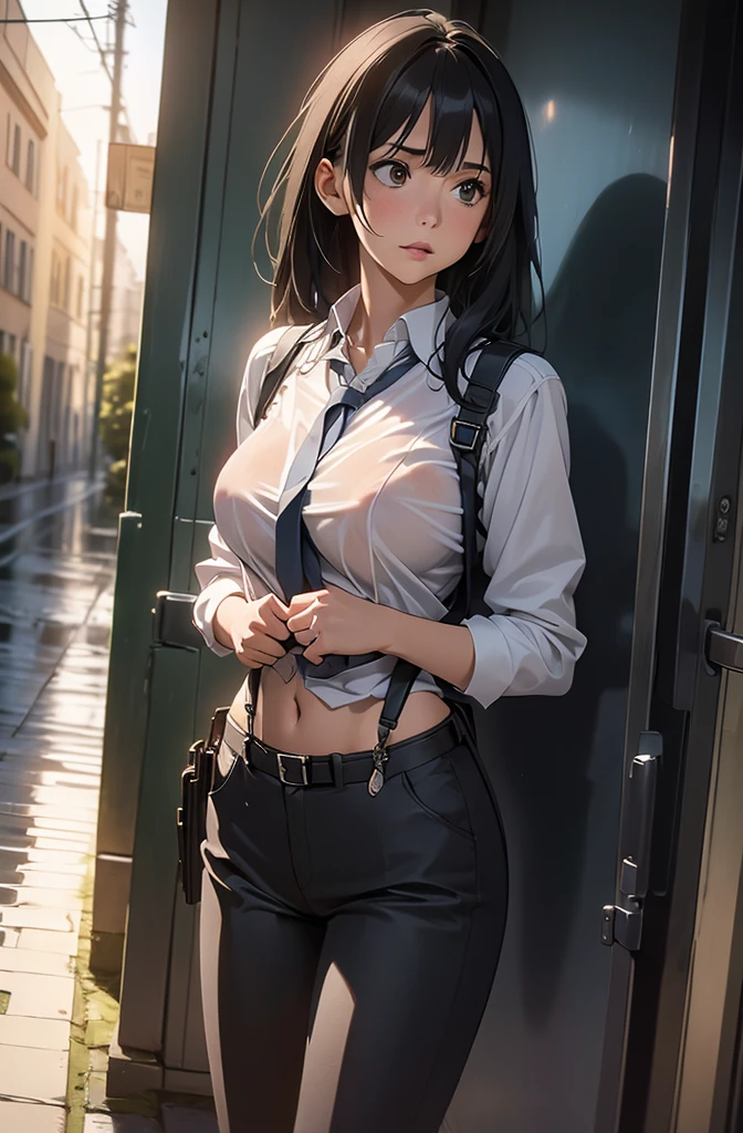 a woman in a suit, belt, hands behind back, sweating, suspenders, black pants, sexly, large breasts, see-through clothing, rain, detective, office worker, white button-up shirt, (best quality,4K,8k,highres,masterpiece:1.2),ultra-detailed,(realistic,photorealistic,photo-realistic:1.37),hyper-detailed,highly detailed face and body, Slender　thin　suspenders　Moderate breasts　See-through shirt　Nipples　holster　chain　Pistol　Armament　criminal　Female criminal　knife 　
