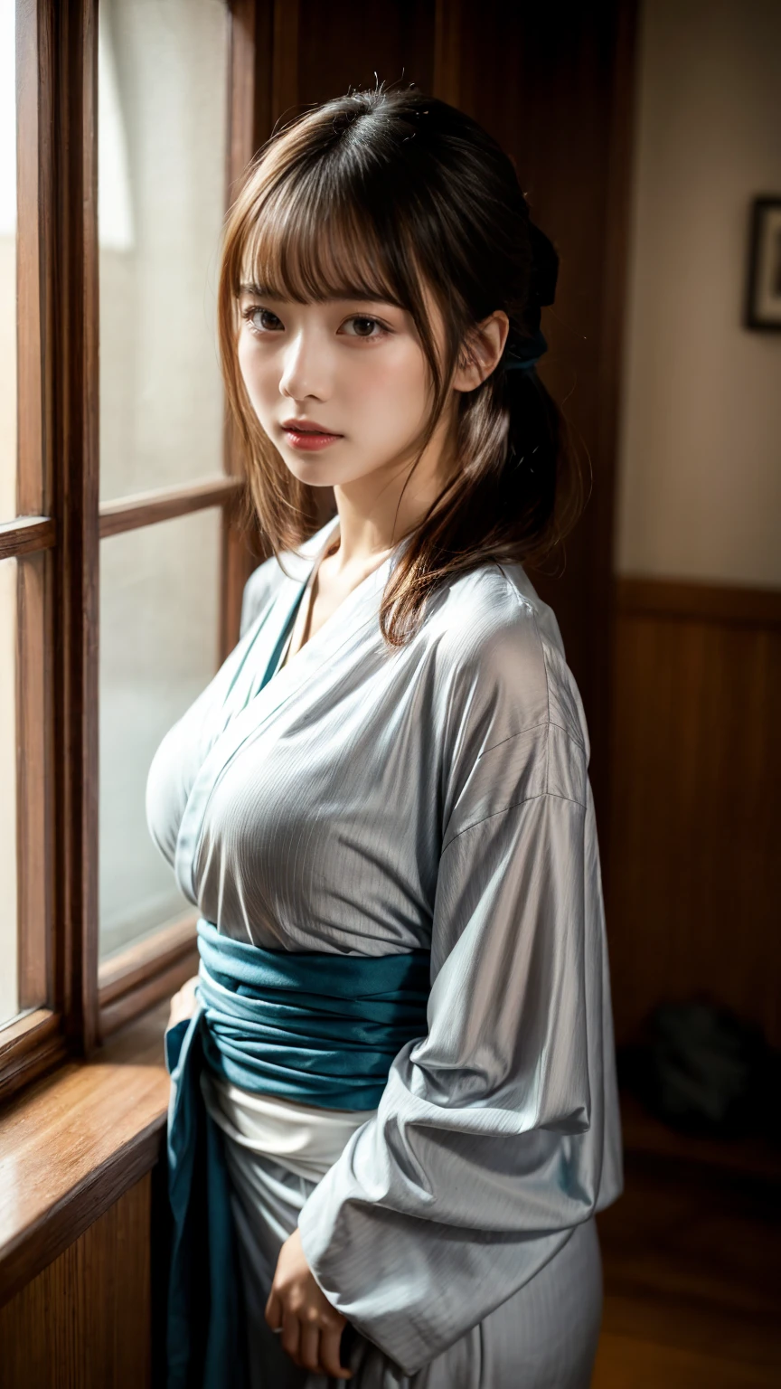 masterpiece, Best Quality, 8K, 20 yo, huge breasts, cuddly, Solo, sad, Cute, Girly, Delicate girl, Neat and clean beauty, Raw photo, Professional Photography, Portrait, Soft light, Professional Lighting, Back lighting, Upper body, front view, Sophisticated, Film grain, (Eyes and faces with detailed:1.0), short length floating hair, beautiful flowing hair, bangs, Kimono Wrap Shirt