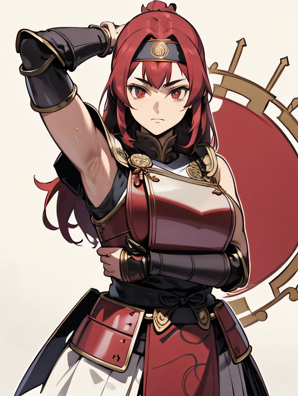 masterpiece, best quality, ultra-detailed, illustrator, 1girl, samurai, Japanese red samurai armor, White half red hair, there is a black ribbon in the hair, big  , big thighs, Breastplate, Pauldrons, Vambraces, Gauntlets, Faulds, Cuisses, Poleyns, Greaves, ornate and detailed armor with layered plates and intricate lacing, rich colors , of deep red lacquer and gold accent, kabuto helmet placed beside her, tenugui headband wrapped around head, raised one arm, and exposed his armpit, simple background, white background