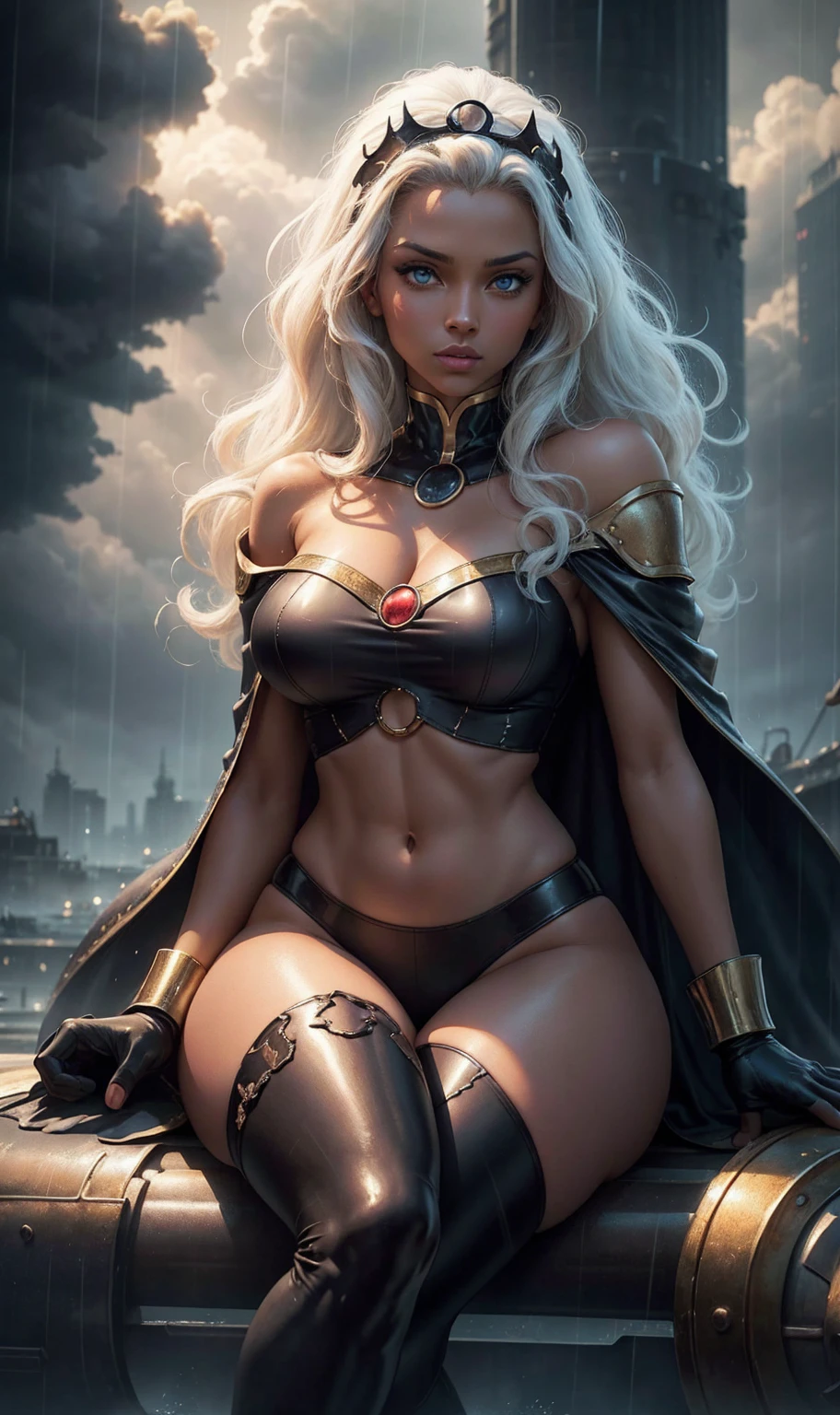 ,(high quality, work of art, detailed), stormy cloud city detailed scenario, stormy cloud city detailed background, 20 years old, Dark clouds, rain, wet, 1 , oil, dark skin, strapless, exposed shoulders, Long hair, diaphragm, cape, gloves, tight pants, gold trim, sitting on a cloud, abdomen, navel, beautiful eyes, perfect eyes, looking at the viewer, pose sexy, standing, standing up.