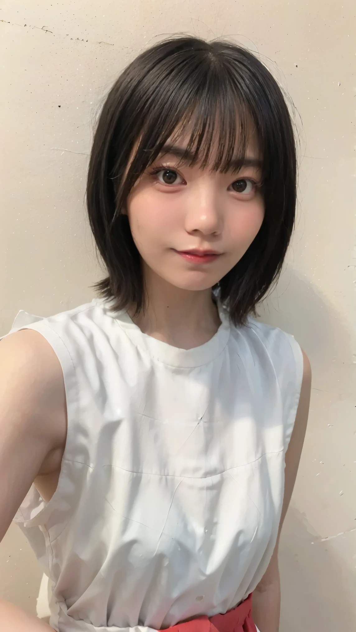 Picture taken from the front, with the left and right sides equally spaced, draw symmetrically, simple background, stand upright, upper body, (arms behind back:1.5), One girl, very short hair, (camisole, shorts)