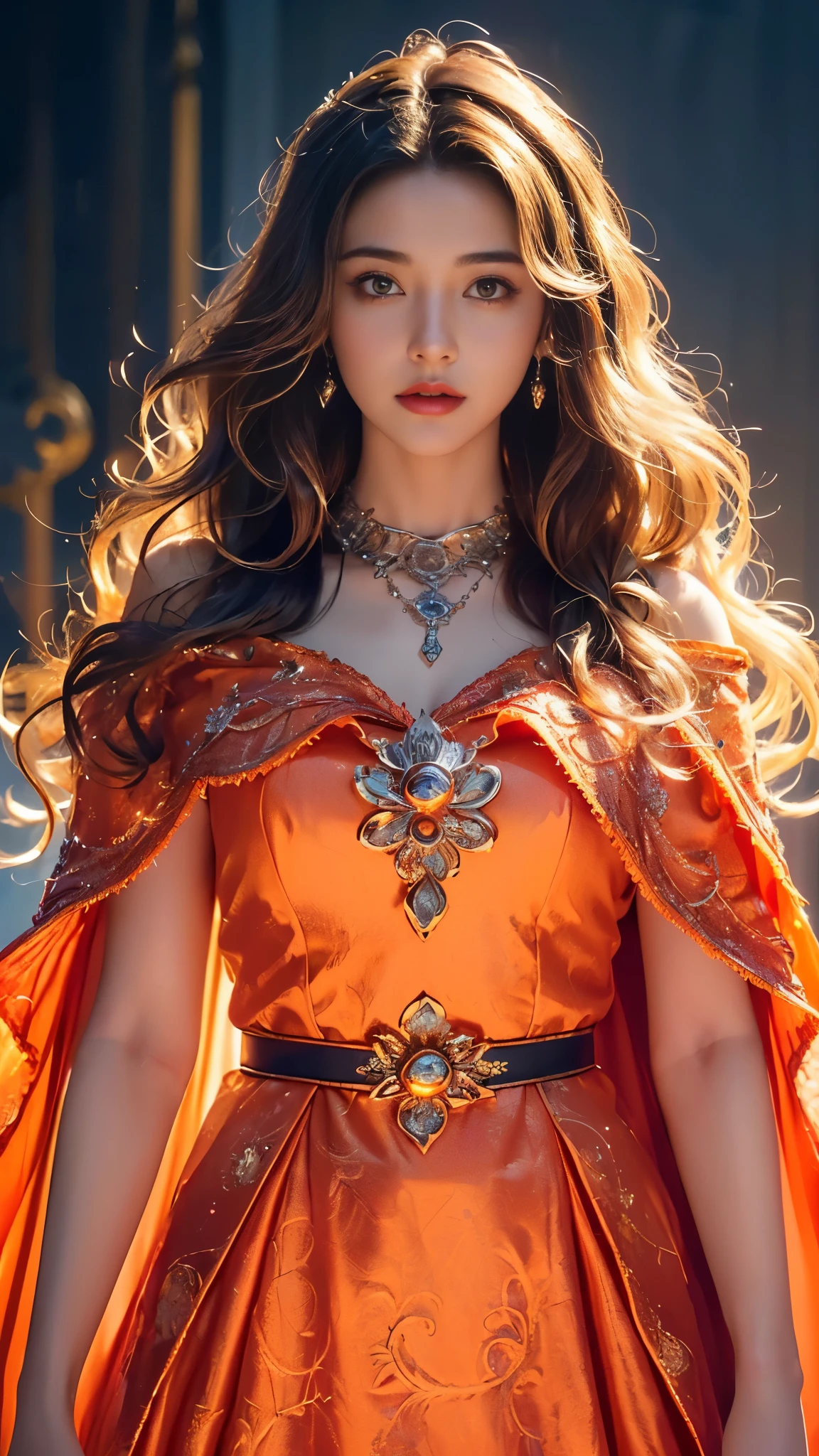 8K ultra hd, masterpiece,1 girl, ((realistic face)), detailed eyes, ((very long hair)), flowing hair, small breasts, royal dress, decorated dress, orange dress, anitque jwellery, detailed lacing, flowing cape, bare navel, moon light, amazing night outdoor, spot lights, glowing lights, depth of field, ray tracing, bloom, realistic shadow, tyndal effect, spreding, lights, looking at the audience, attractive pose, sitting,