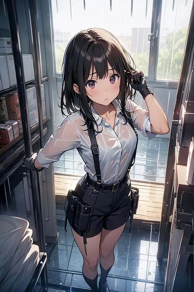 brown hair、looking at the viewer　　suspenders　　　big swollen breasts　　 　 　　　　black mini skirt　garter belt　knee high socks　　　　　　Aerial perspective　　　small face　bangs 　　　　　Beauty　　hands up　　 　sideways view 　black boots 　provocation　　　one person 　　　cutter shirt　　　hands behind　put your hands behind your back　Hands behind your back　With your hands behind your back　armed　holster　　Belt Garter Bell Black Gloves with Holes A Hotel Room　Bed　wall side