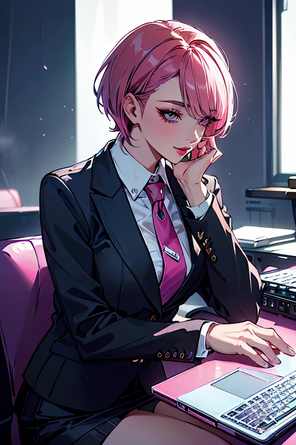 (highest quality:1.2), a 20-years-old official lady is sitting, looking a laptop display with concentration , in an office room. From side view, illuminated by neon light, a photorealistic cute lady, detailed noble face, European faces like a doll, heavily make-up faces with confident smile, brutal eyes with eyeshadow, dark bloody-red lip,Short-cut pink hair, upper body portrait, wearing business suits, wearing tie, wearing tight-skirt.