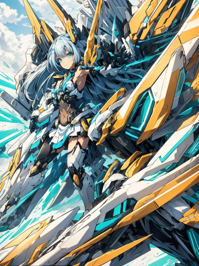 Masterpiece, sexy mecha-musume, light mecha top suit (( small dog ears)) and ((reptilian tail)), mechanical extensions, stokings, she is holding a giant Sniper Rifle Pointed to the ground, 
Beautiful face with perfect sky-blue and green eyes, white long hair, damaged oversized shirt over the suit which shows shoulders and skin. Futuristic wings with neon and rifles 
Cool dynamic pose, school skirt, loose  necktie. High quality anime style.

The girl has just trasformed ,she is a school student that battle against angels.
The mecha suit is only an accessory, she is wearings a  that has been damaged. 

She has very big white and blue mechanical tech fluo wings,she is standing in front of her enemies with a brave smile