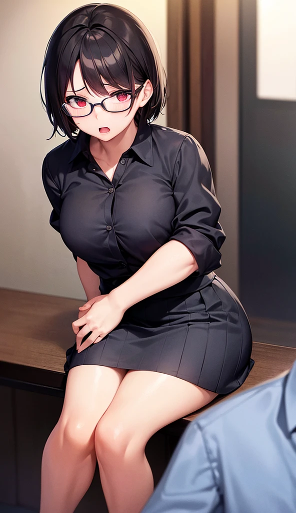 （（super high quality,Ultra-high resolution,4K,8k,super masterpiece,Ultra HD））,Dark office at night,Looking up from quite a bit below,One Mature Woman,Office Lady,Business Suits,Tight Skirt,Buttons unbuttoned up to the chest,（Collar stand,Large collar,Tight collar）Big penis,Penis insertion, sexly, Get on the desk,Put your hands on your head,Spread your legs,Provocative smile,blush,Squint your eyes,Sweaty,Covered in semen,Chain Necklace,Pearl Earrings,Drooling,wedding ring,Glasses,