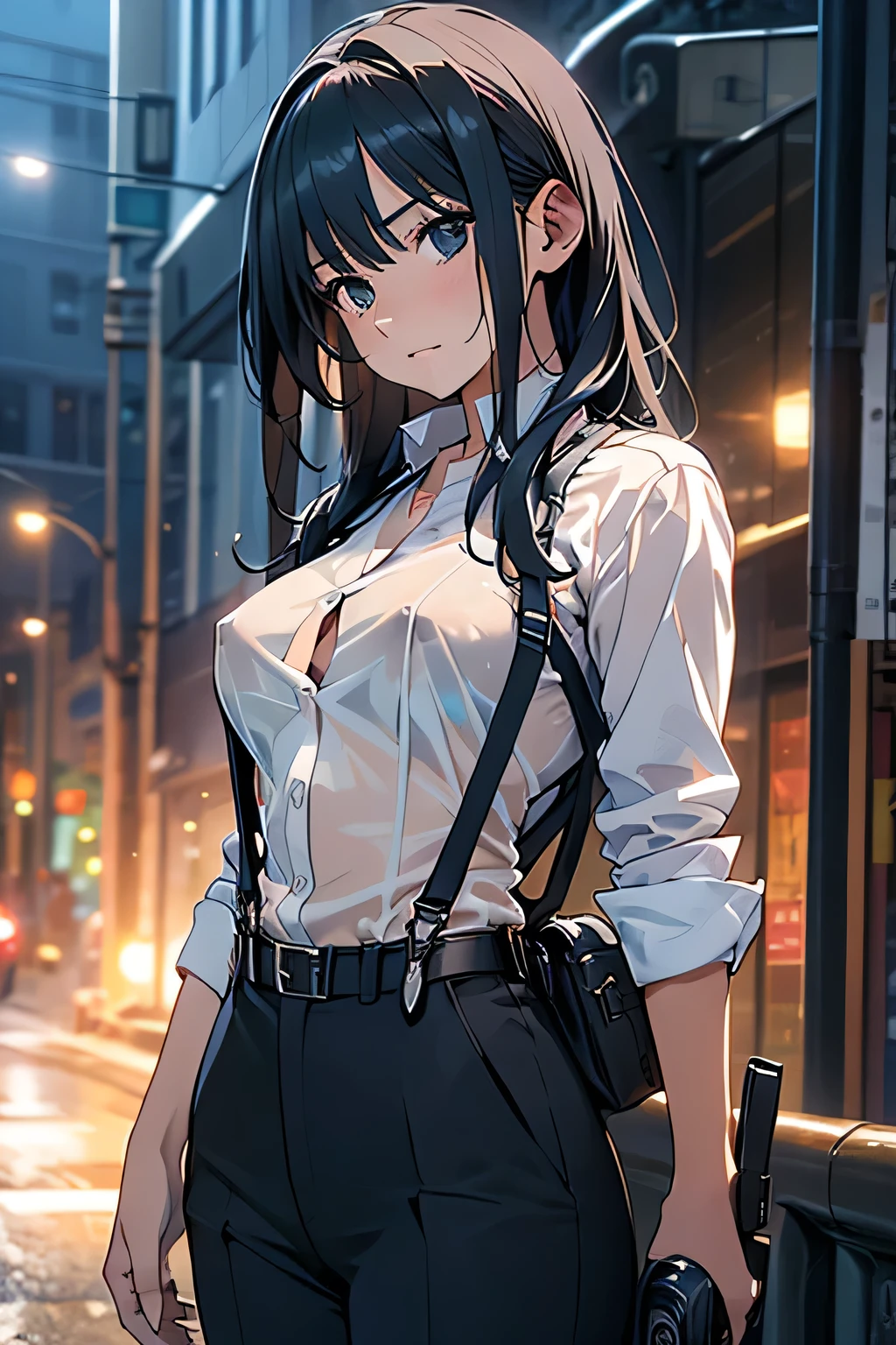 a woman in a suit, belt, hands behind back, sweating, suspenders, black pants, sexly, large breasts, see-through clothing, rain, detective, office worker, white button-up shirt, (best quality,4K,8k,highres,masterpiece:1.2),ultra-detailed,(realistic,photorealistic,photo-realistic:1.37),hyper-detailed,highly detailed face and body, Slender　thin　suspenders　Moderate breasts　See-through shirt　Nipples　holster　chain　Pistol　Armament　criminal　Female criminal　knife 　
