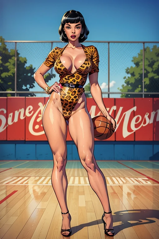 a beautiful woman wearing a leopard print full body swimsuit in a pinup style pose, vintage style, basketball court backdrop of a high school, Bettie Page sensual and beautiful, masterpiece, anatomically correct, precise, best quality, high quality, short hair, bangs, black hair, slightly parted lips, bashful, mid-shot, depth of field, silhouette