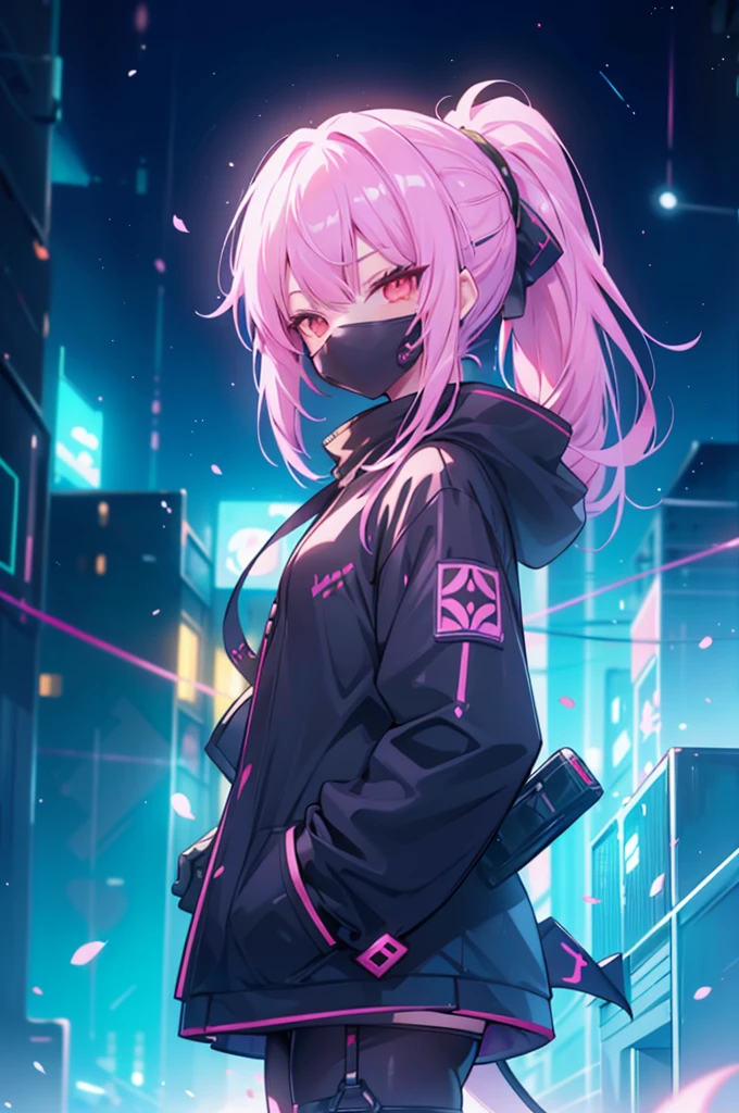 upper body, 1girl, wallpaper, light particles, city, night, background, look at viewer, (ninja), pink hair, long hair, ponytail, demon tail, red eyes, cybermask2023
