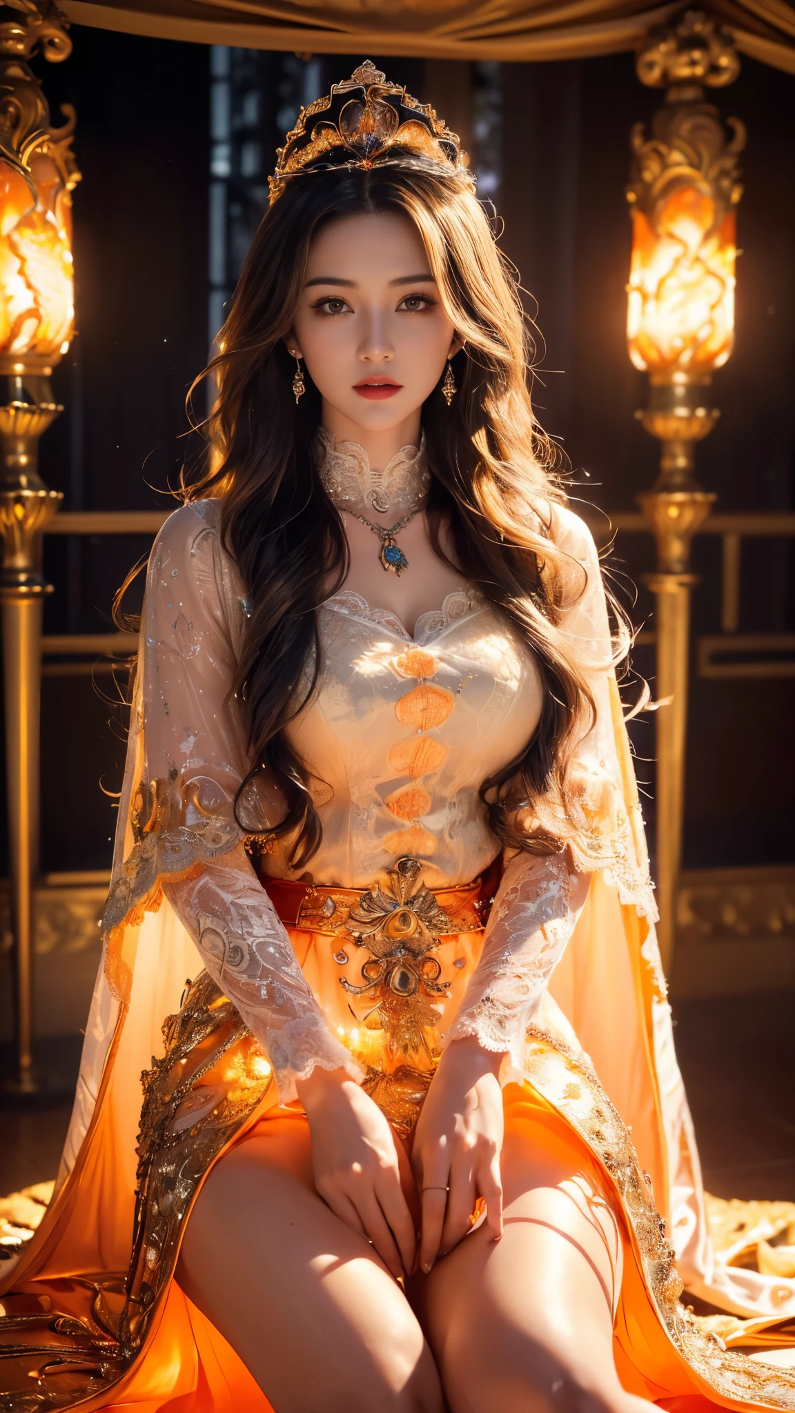 Top quality, masterpiece, ultra high definition, Original photo, 1 Girl, ((wavy sardine)), cinematic lighting, very long hair, detailed eyes, wind, necklace, piercing, ((knighthood cospaly)), ((wavy clothing)), orange clothing, ((wavy lace)), ((wavy dual cape)), ((queen germent)), ((glowing lights)), ((realistic)), in the palace, night weather, cinematic pose, sitting,