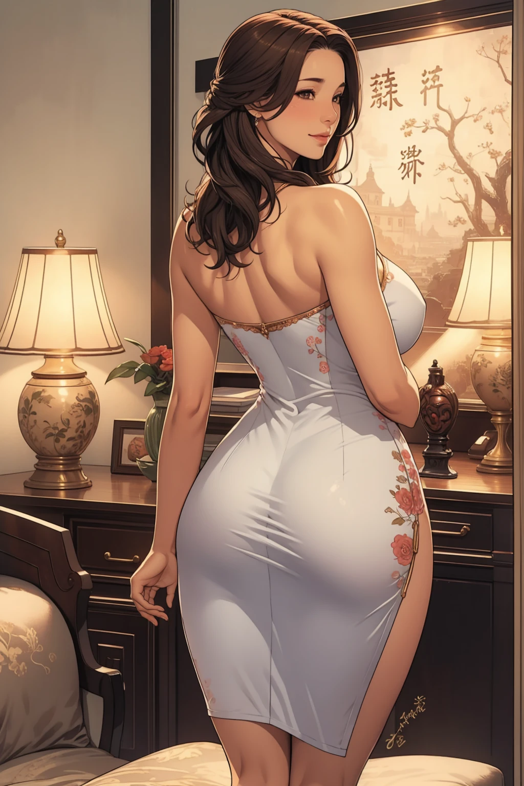 mulan, ((balck hair, glowing brown eyes, eyeshadow, lipstick, makeup, narrow waist, skinny, medium breasts, alone)), pelvic curtain, ((white and pink dress,wedding dress, Scooped up the ass, gloves)), full body, perfect body, (insanely detailed, beautiful detailed face, masterpiece, best quality) , (((solo))), (((1girl))), (((mature))), (extremely detailed 8k paper CG wall unit: 1.1), (wedding, garden, dusk), (smile face for the viewer), big ass, from back, behind