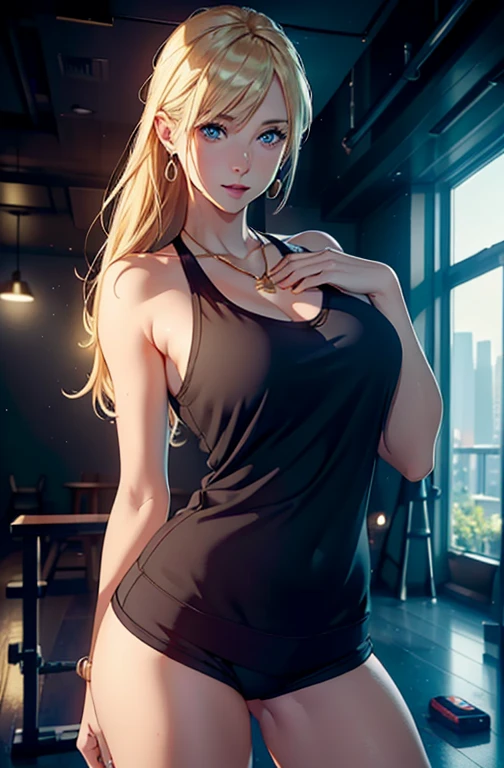 a beautiful woman with blonde hair, blue eyes, pale skin, and a stunning figure wearing a blue necklace and gold earrings, standing in a dynamic pose in a gym wearing a sweatshirt, tank top, and shorts, with a seductive smile and vibrant, shining eyes in the moonlight, (best quality,4k,8k,highres,masterpiece:1.2),ultra-detailed,(realistic,photorealistic,photo-realistic:1.37),portrait,HDR,UHD,studio lighting,extreme detail description,vivid colors,bokeh