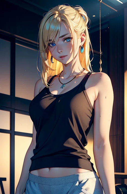 a beautiful woman with blonde hair, blue eyes, pale skin, and a stunning figure wearing a blue necklace and gold earrings, standing in a dynamic pose in a gym wearing a sweatshirt, tank top, and shorts, with a seductive smile and vibrant, shining eyes in the moonlight, (best quality,4k,8k,highres,masterpiece:1.2),ultra-detailed,(realistic,photorealistic,photo-realistic:1.37),portrait,HDR,UHD,studio lighting,extreme detail description,vivid colors,bokeh