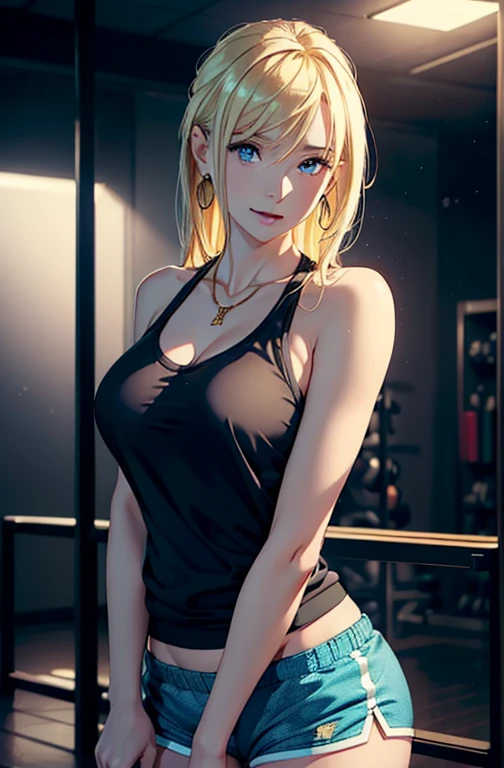 a beautiful woman with blonde hair, blue eyes, pale skin, and a stunning figure wearing a blue necklace and gold earrings, standing in a dynamic pose in a gym wearing a sweatshirt, tank top, and shorts, with a seductive smile and vibrant, shining eyes in the moonlight, (best quality,4k,8k,highres,masterpiece:1.2),ultra-detailed,(realistic,photorealistic,photo-realistic:1.37),portrait,HDR,UHD,studio lighting,extreme detail description,vivid colors,bokeh