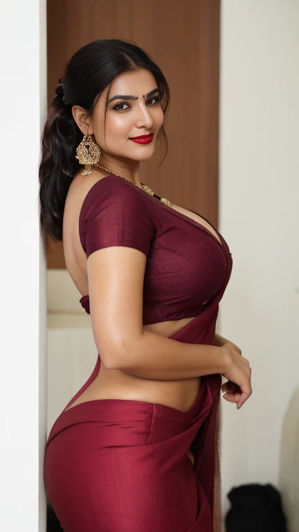 Portrait of sexy indian samantha,being hugged from back by 1 man,man hug her from back,behind hug,hourglass figure, swooping breasts, deep cleavage, curvy, erotic standing having sex with big eggplant with wide open spread legs, sexy armpits, seductive eyes, sultry, look at viewer and subtle smile, traditional half sleeves blouse with traditional saree, red lips, ponytail, necklace, 4K, HD