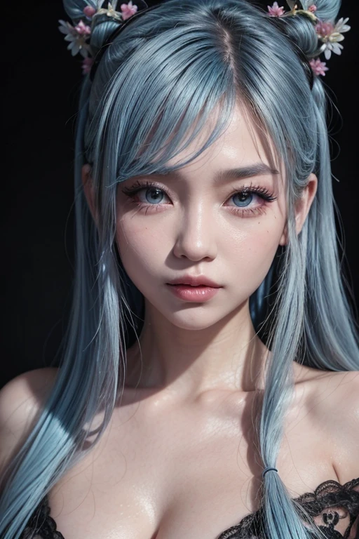 one woman, cyan hair, long pigtails, blue eyes, cyan lingerie, well defined body, detailed body, detailed face, best quality, high quality, masterpiece