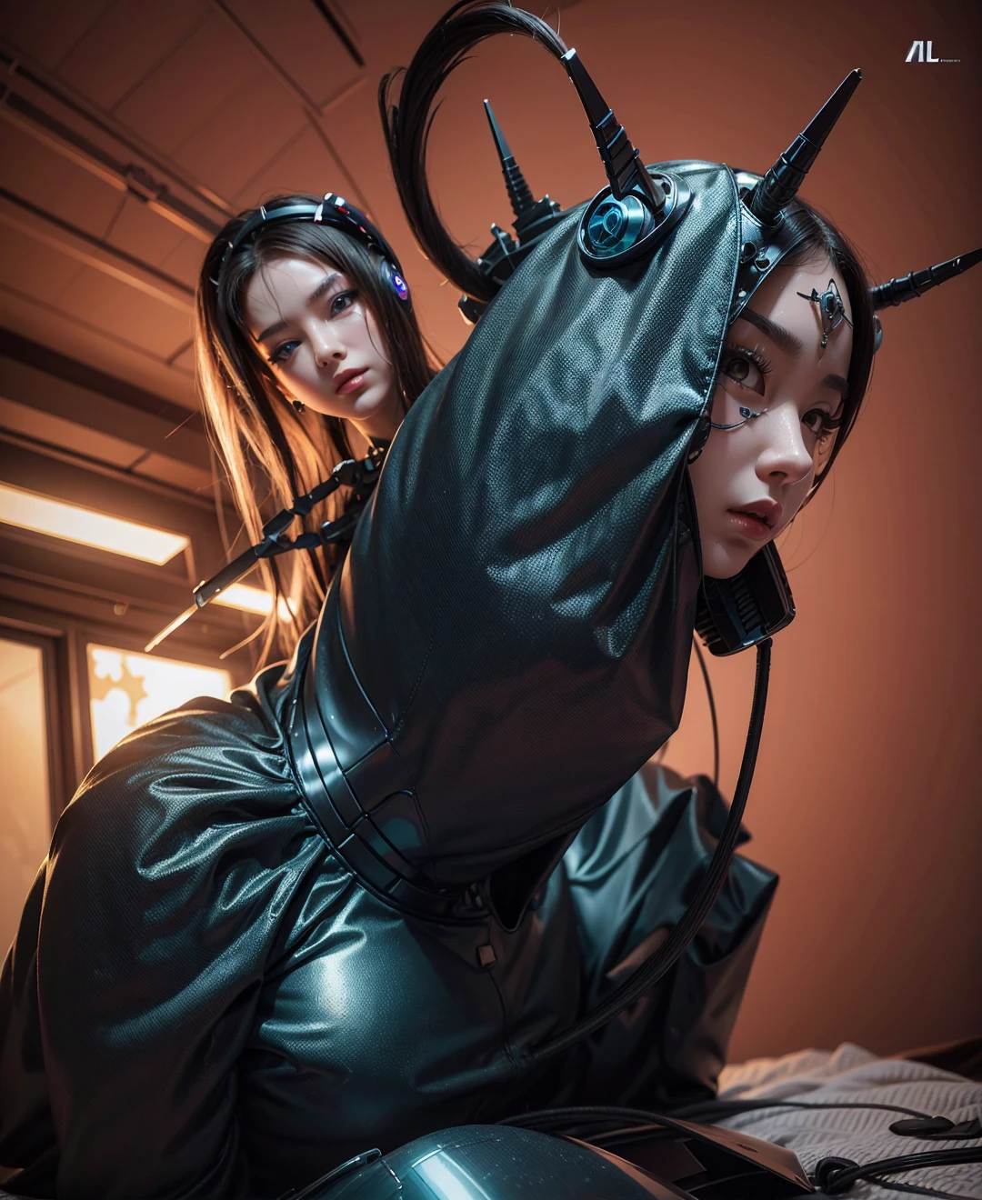 There is a woman in black clothes posing on the bed, wrapped in black Tentacles, covered with Tentacles, Cables on her body, Complex latex set, Tentacles around, some Tentacles are touching her, Fine details. anime. Tentacles, Goddess of Darkness with Six Arms, Witch wearing sword armor, Goth Cyber Suit, She has a lot of wires attached to her
