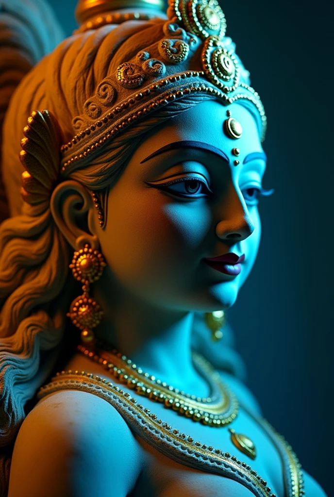In the style of surreal collage, an India statue with gold an red glowing stripes covering its eyes against a black and white, dark background in a minimalistic, graphic design-inspired illustration with holographic colors, flat shapes and lines, a circular shape, smooth curves and a matte texture in a low angle shot with a symmetrical composition in an extremely detailed, hyperrealistic style with intricate details rendered in octane