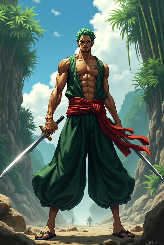 Un guerrier avec sabres, l'homme est marron, il a les cheveux courts et vert, il est assez musclé, il a un style comme Roronoa Zoro, il est 2 fois moins musclé et il a une femme qui a des marques rouge sur sont corp