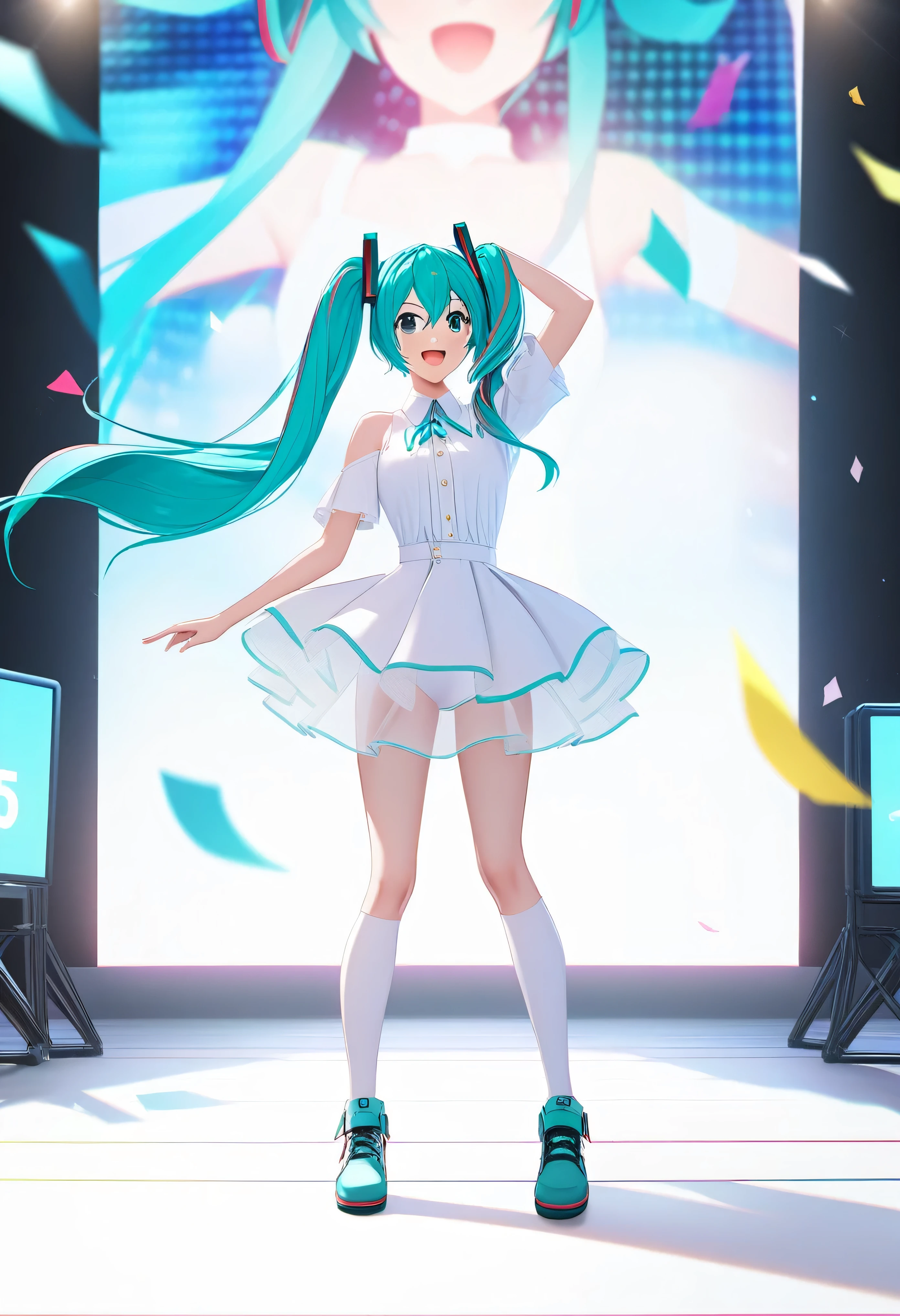 ((Emphasis on the use of CG))、((Emphasis on the shape and three-dimensionality of Hatsune Miku on the beautiful white stage: 1.2))、((Overwhelming performances on stage and flurries of confetti、Emphasis on vivid realism of Hatsune Miku on the live stage: 1.2))、((「3ds Max」Emphasis on the use of software: 1.2))、((「tyFlow」Emphasis on the use of various plugins such as: 1.2))、((To achieve beautiful visual expression、Emphasis on realistic live stage expression and effects using 3ds Max: 1.2))、((Emphasis on realistic live stage expression and effects using 3ds Max: 1.2))、((Emphasis on human color and emotional expression、(((Emphasis on Hatsune Miku standing on a white stage: 1.4)))、Delicate depictions of landscapes:  1.2)）、((Emphasis on CG animation：1.2)）、((Emphasis on excellent expressiveness to portray Hatsune Miku&#39;s natural environment on stage：1.2)）、((Emphasis on live depth：1.2)）、((texture、size、color、Shadow and Light)）、Color aberration、Depth of written boundary、Soft Lighting、masterpiece、Highest quality、complicated、Tone Map、Very detailed、Art Station、Concept Art、Smooth、Sharp Focus、Dramatic lighting、Very detailedなアートワーク、cinematic、surrealistic painting、Art Stationでトレンド、8k、Incredible Shadows、Real、(Very detailed background：1.0）、((Emphasis on overwhelmingly brilliant live performances：1.4)）、((Very detailed portrait of a girl singing with a microphone on a live stage：1.4)）、((ネオンとサcyberpunkな背景：1.4）、((cyberpunkな髪：1.4)、  ((Ankle-length twin tails: 1.4)、((Black headset: 1.4)、((Costume: Sleeveless collared top with tie: 1.4)、((Low heel thigh high boots and mini skirt: 1.4)、((Black base and blue-green light sign: 1.4)、((On the upper left arm「01」Red tattoo: 1.4)、Finely lit teal-colored eyes with prominent pupils、smile、punk、cyberpunk、Backlight