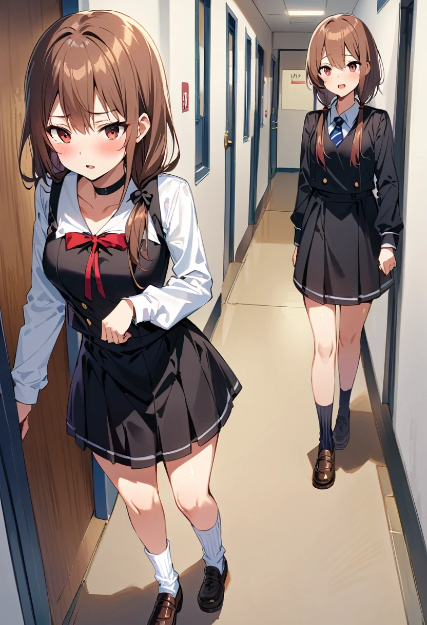 (Tabletop, highest quality, High resolution, , Perfect Pixel, 4K,), 1 girl, single, alone, Beautiful woman、I could see the whole body、 ((Wavy mid-length hair, bangs, Brown Hair)), ((Brown eyes, Beautiful eyelashes, Realistic eyes)), ((Detailed face, blush:1.2)), ((Smooth texture:0.75, Realistic texture:0.65, Realistic:1.1, Anime CG Style)), Medium Chest, Dynamic Angle, Perfect body, ((, female teacher, , Earrings、necklace、Beige turtleneck sweater、black long flare skirt、Black knee-high stockings、、A shy smile、Place your hands behind your back、Leaning forward、look back)), Excellent、、、evening、、(、、、Angle from below)、