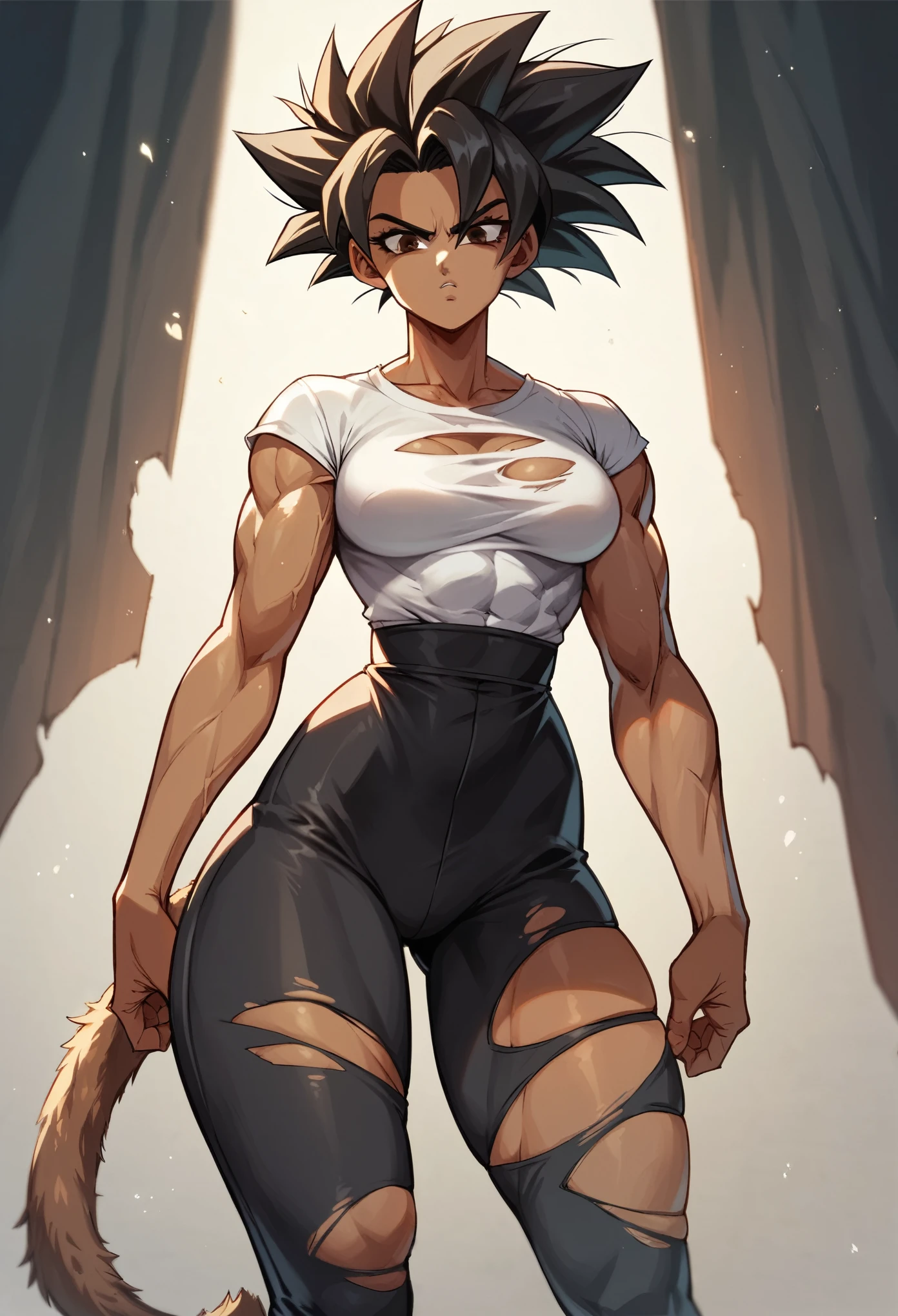 (masterpiece, best quality), standing straight, prepared for battle, martial arts, highly detailed, intricate, professional art, digital art, 20k, sexy blake belladonna (dark-skin:1.85), (dragonball complex background:1.35), city, big ass, blonde hair, spikey hair, (super saiyan form), super saiyan, lipstick, (purple makeup:1.1), black eyeshadow, detailed hair, ultra detailed face, ((cat ears)), (character with monkey tail), anime eyes, (green irises: 1.1), detailed eyes, perfect face, (african woman: 1.7), (very dark-skinned female: 1.7), (tail attached to Blake's lower back:1.1), (japanese street clothes:0.6), (hip vent:1.3), (bridal gauntlets:1.1), shrug (clothing), (slightly transparent clothes:1.2), (young female, 16 years old:1.1), Large Breasts, cleavage, (fit body: 1.1) Black and white outfit. White jacket. Tight black leggings, white booty shorts, Black laced tanktop. Solo