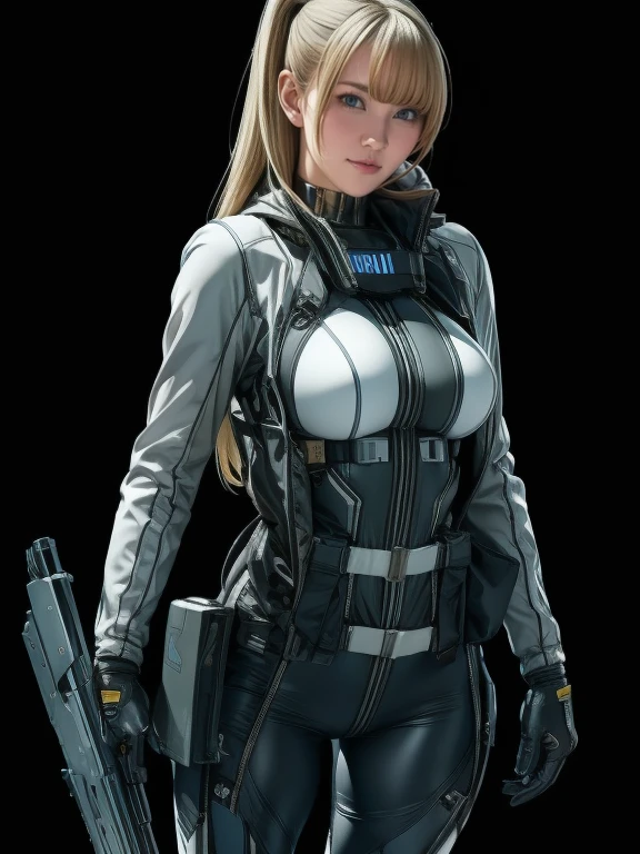 Best image quality, Great details, Ultra-high resolution, (realism: 1.4), ((close:0.75)), One woman is very condensed, With a beautiful and delicate face, Perfect Proportions, Narrow your target audience, Small breasts), Blonde, (High-tech suit), (Cyborgs compared to police uniforms,,, Black and grey mech, Military Harness, Has a machine gun, Hitch Tech Flame Thrower Tank Carrying), Simple gray wall in the background,