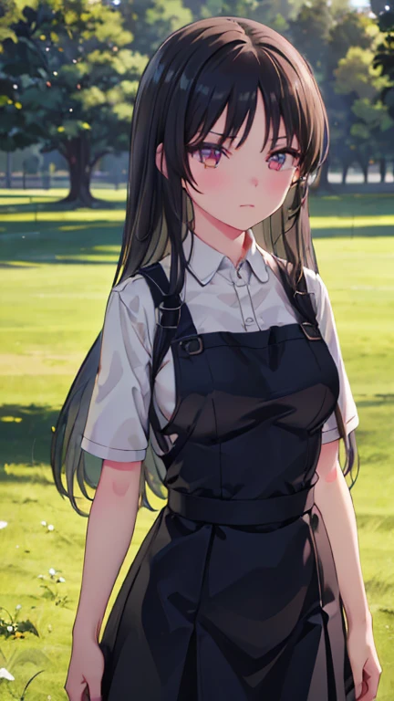 Girl 1,(pinafore dress),(Standing in a public park),Very detailed ,8K wallpaper、Best Quality, High resolution, Beautiful lighting, Realistic Shadows, High resolution،(Very detailed, Detailed face and eyes, Realistic eyes,whole body,Looking at the audience,Cowboy Shot) ,Large Breasts