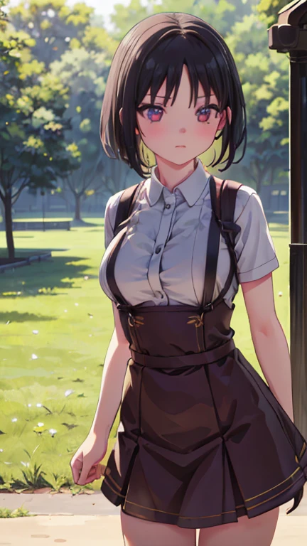 Girl 1,(pinafore dress),(Standing in a public park),Very detailed ,8K wallpaper、Best Quality, High resolution, Beautiful lighting, Realistic Shadows, High resolution،(Very detailed, Detailed face and eyes, Realistic eyes,whole body,Looking at the audience,Cowboy Shot) ,Large Breasts