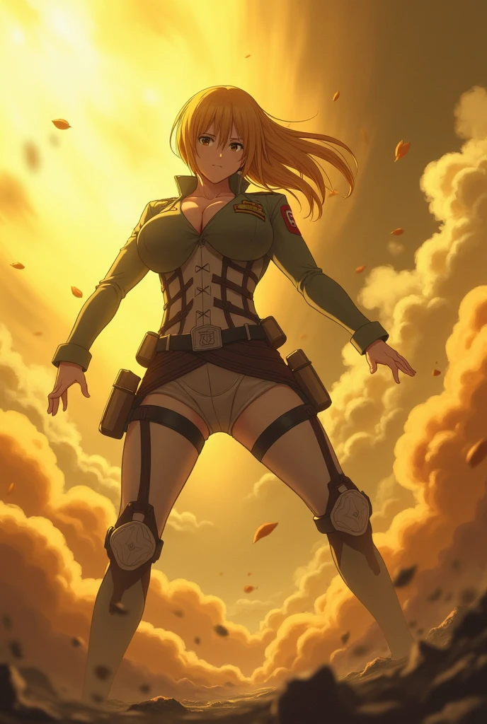 ((annie leonhart))),attack on titan,make similiar like on anime,((Yellow smoke,Attacked by farts, Attack with farts,)),((Sticking out the butt)),(((Yellow smoke is rising ))),((Hip Attack)),((Girl fart)),((wearing military police suit like on attack on titan anime)),(big butt)),((big boobs)),((attack on titan artstyle))