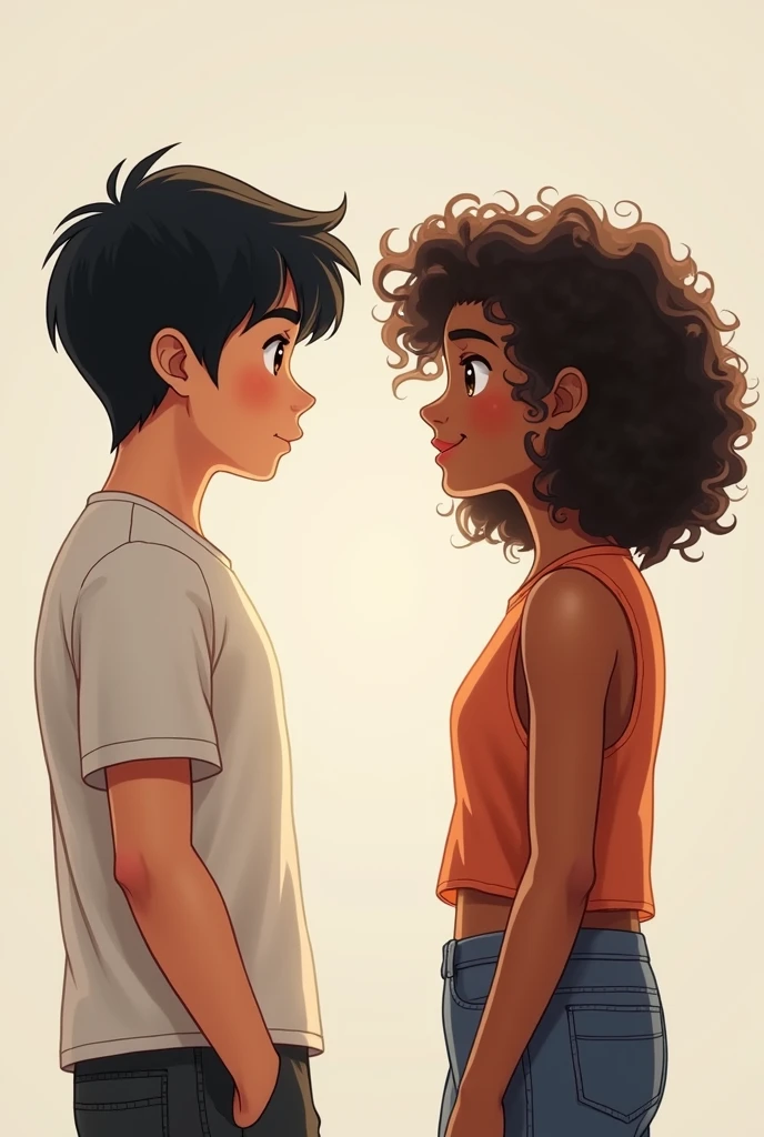 Cartoon,anime, brown skin, afro black hair, brown, 14 yr old girl,looking at american boy, smooth hair, handsome, 15 yr old, holding hands,Teenagers, minors, Anime. Anime, anime, anime, cute anime, drawing cute artt animee