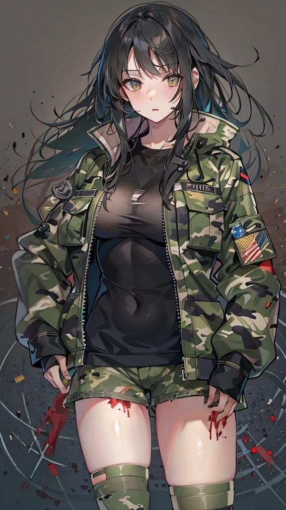 One person, solo, High resolution, Long Hair, chest, Blushing, Blue Hair,Golden Eyes,Yellow Eyes,Wearing camouflage clothing,The background is New York