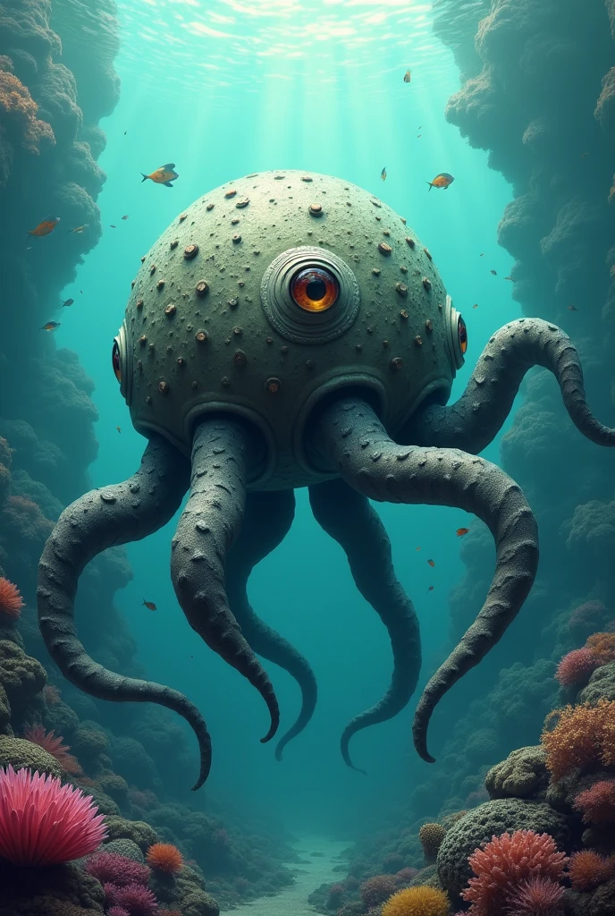 A vast organic creature with a body resembling a massive interdimensional jellyfish. With a large, amorphous central trunk, its tentacles extend in all directions, each covered in a thick layer of bioluminescent cells that emit a pulsating glow. In the center of your body, a giant multifaceted eye serves as the core of its perception, constantly rotating and observing everything around it with frightening precision. Its skin is a combination of gelatinous and prickly textures, able to adjust and change as needed.