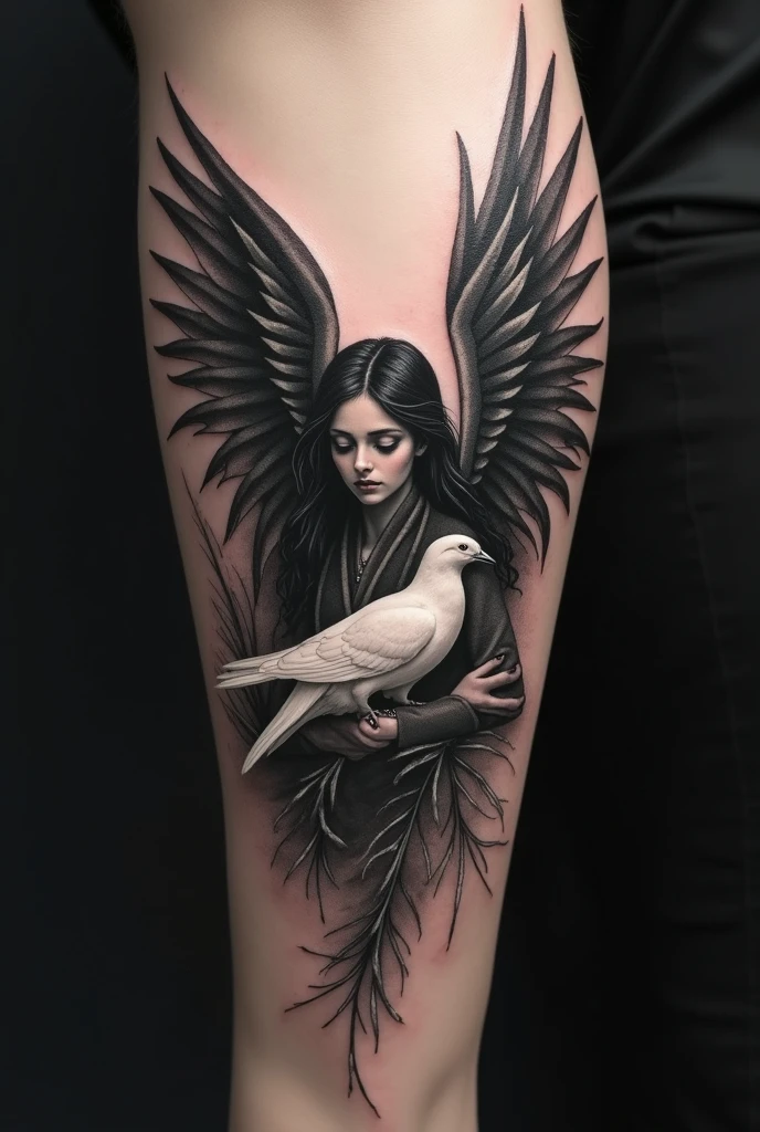 Crea un boceto para tatuaje en blanco y negro, of a white swan hugging an acoustic guitar with its wings.