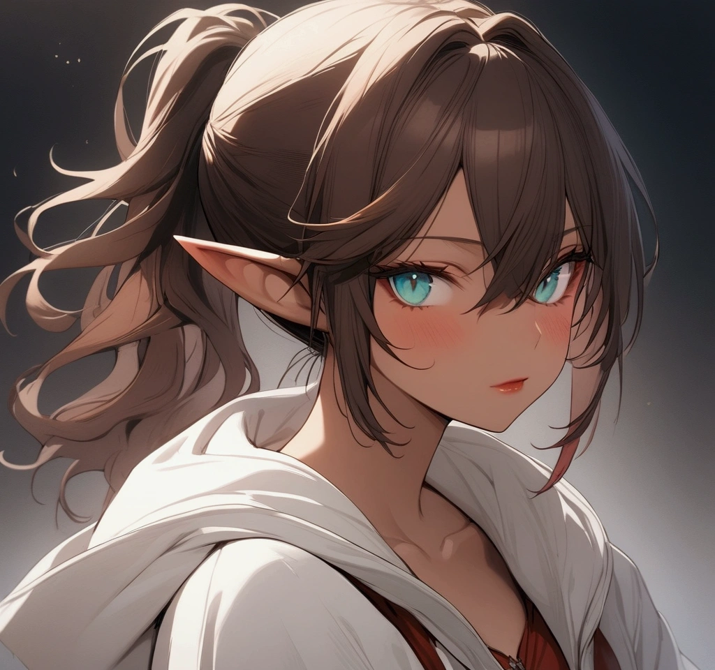 1girl, vampire, elf, tan, best quality, masterpiece, elf ears, aqua eyes, messy hair, very short hair, ponytail, brown hair, Oversized Hoodle