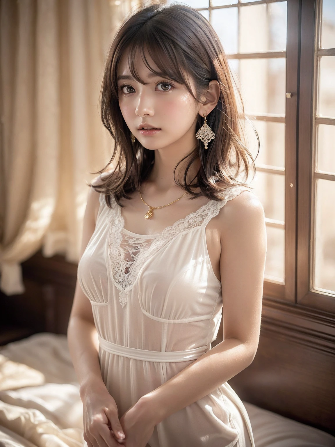 ((Tight Dress 1.5)))、Small breasts, (((とてもエレガントでbeautiful, Perfect detail, Very detailed))), whole body, The most detailed girl, Written boundary depth, 美しくdetailedなwhole body, Thin legs, 1 person, Age 30, Very short hair, Spiked Hair, Brown Hair, beautiful detailed hair, Perfect Face, Expressionless, beautiful, detailed, Deep Eyes, Please open your mouth a little.., Delicate arms and hands, Pale skin, Earrings, beautiful and gorgeous necklace, Colorful background, HD Backgrounds, Blurred Background, とても繊細でbeautiful, masterpiece, (((Best Quality, とてもbeautiful8K CG壁紙))), (((Medium Hair))), (Inside the room,Stylish white interior,window、Lace curtains)、Glowing Skin、Shiny Hair、Always observe the audience、Random Pause、Small waist