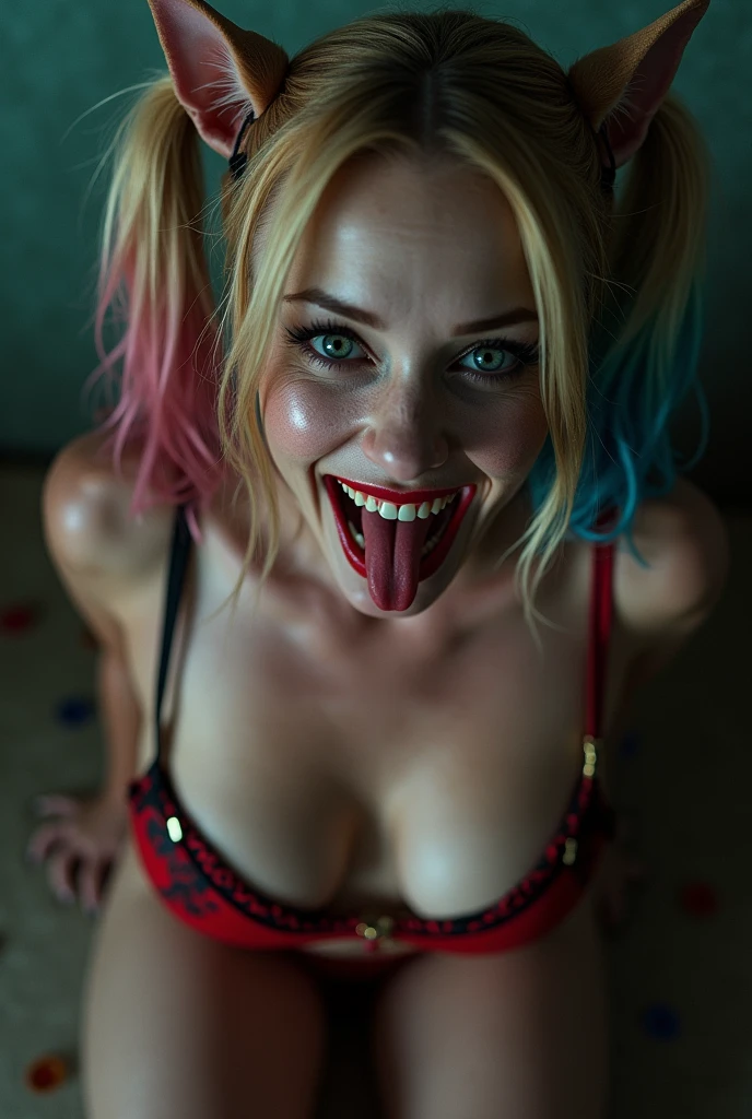 an (amateur photo) of a babe in a sexy Harley Quinn costume, crosshandbra, red top, Halloween, taken on an old camera, low res, flash photography, grainy, sepia, polaroid, beautiful face, happy, laughing, detailed eyes, tits showing, award winning scene <lora:crosshandbra:0.6>