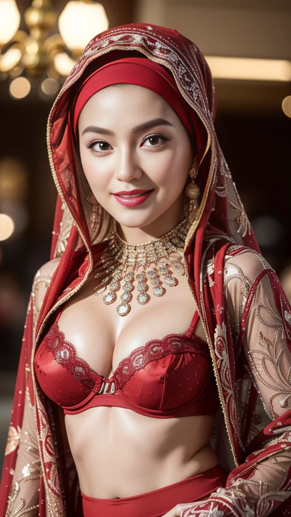 Beautiful, cute baby Face, 16 Years old russian lolita Girl, red lipstick, sensual Lipstick, dark red lipstick,blue eyes, (wearing hijab) and sexy kebaya dress, Rounded big Breast, cleavage cutout, slightly Chubby , luxury necklace, White Skin, Smiling, Dark City Background, mid shot, upper body, Perfect Potrait, Bokeh Effect, Look at Viewer, Armpit, Perfect Eye, Perfect Hand, Perfect Finger, Bracelet, Ring, small breast, ((adorable:1.2)), ((masterpiece:1.1)), ((bokeh:1.2)),